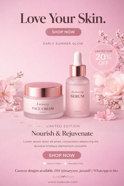 face cream, serum, skincare products, facial moisturizer, hydrating serum, beauty products, skincare set, limited time deal, product launch, minimalist, editorial, luxurious, calm, pink, pastel