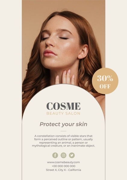 skincare treatment, beauty salon, facial services, skin protection, cosmetic services, sale promotion, editorial, luxurious, warm, neutral, brown