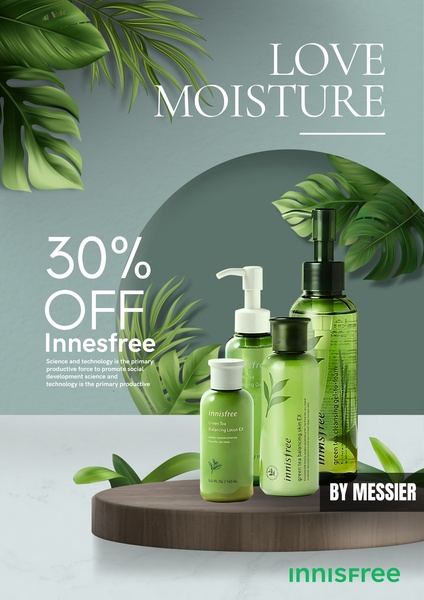 A clean, studio-lit display of green tea skin care products arranged on a wooden pedestal against a minimalist, nature-themed background.