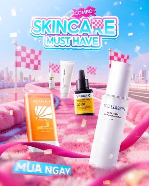 skincare products, beauty combo, facial care set, skincare routine, cosmetic bundle, skin treatment kit, beauty essentials, bundle offer, bestseller push, modern typography, playful, energetic, pink, blue