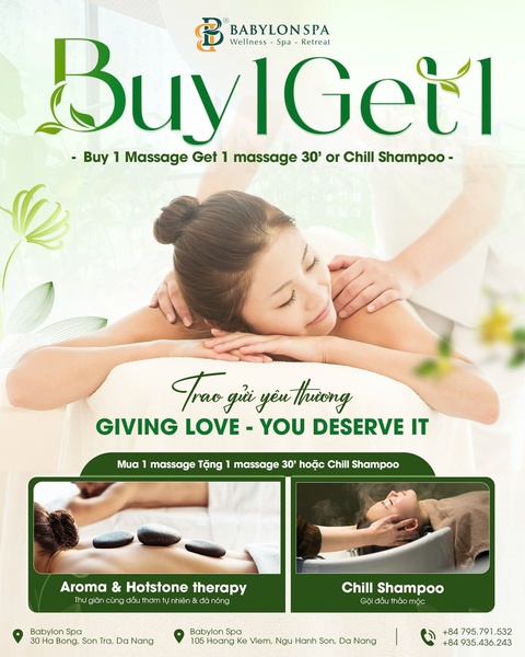 A promotional spa advertisement featuring a BOGO massage offer, showcasing calming service imagery and clear contact information for location-based bookings.
