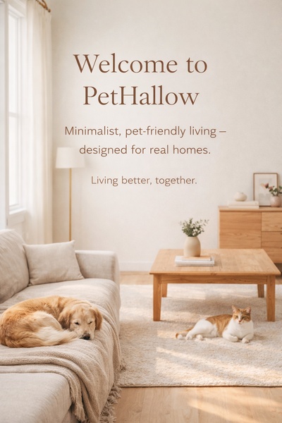 This creative features a clean, high-end living room setup with a dog and cat, focusing on a lifestyle-first brand positioning for pet owners.