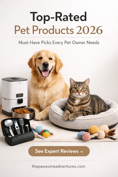 A clean, editorial-style creative featuring a golden retriever and a tabby cat alongside assorted pet accessories, highlighting a 2026 product guide.