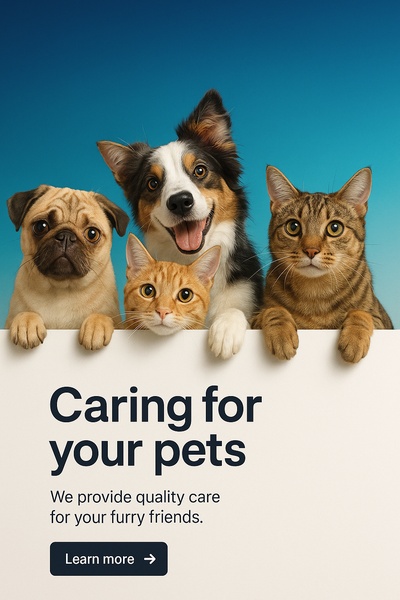 A high-conversion pet care advertisement featuring a group of animals looking over a clean, minimalist card.