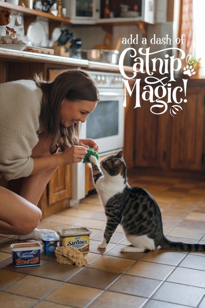 A heartwarming lifestyle photo showing a woman interacting with her cat using a small catnip toy, creating an inviting and playful atmosphere.