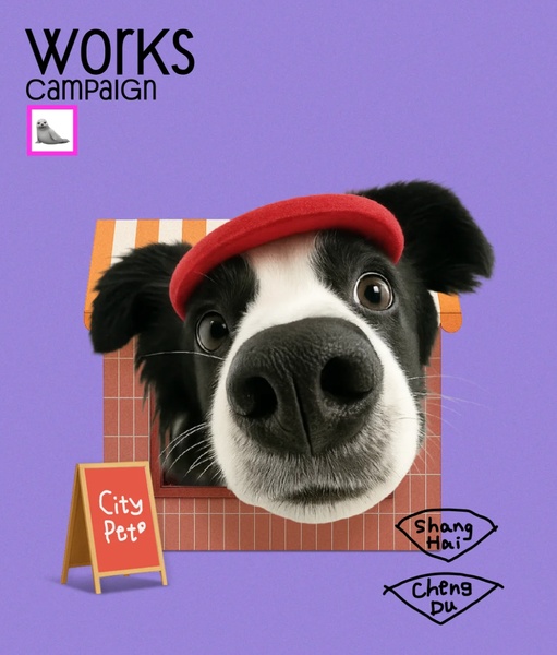 A high-impact ad creative featuring a dog's head popping out of a miniature dog bed storefront, using a vibrant purple background and clean graphic elements.