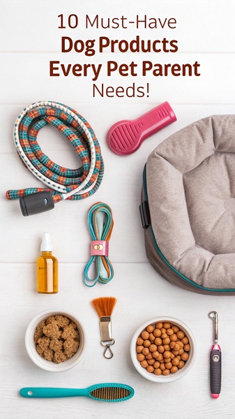 A top-down, clean flat-lay composition showcasing an essential kit of 10 different grooming, feeding, and walking supplies for dogs.