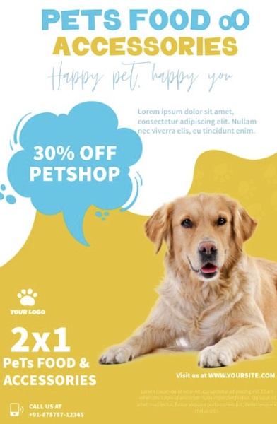 A promotional ad creative for pet products featuring a 30% discount offer, bright yellow branding, and a clear call to action.