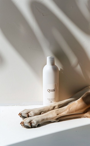 A minimalist studio shot of a hair care bottle resting next to a pet's paws, utilizing natural light and high-contrast shadows.