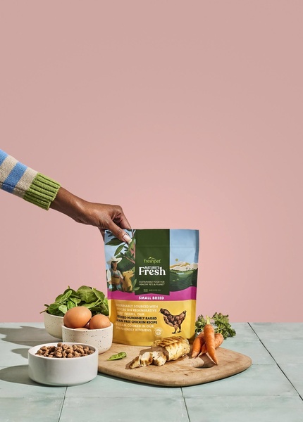 This creative showcases a hand holding a package of pet food surrounded by fresh, raw ingredients like chicken, carrots, and eggs on a wooden board.