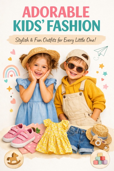 kids clothing, toddler outfits, children clothes, baby fashion, kids dress, toddler clothes, new arrival, brand awareness, lifestyle, modern typography, playful, warm, blue, yellow, pink