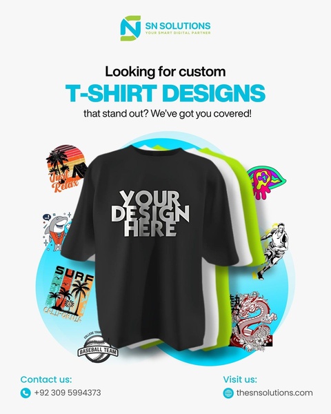 custom t-shirt, printed t-shirt, custom shirt printing, t-shirt design, personalized t-shirt, graphic tee, brand awareness, product launch, modern typography, minimalist, bold, energetic, black, blue, green