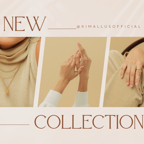 A high-end, minimalist presentation of a new jewelry ring collection featuring neutral tones and elegant product close-ups.