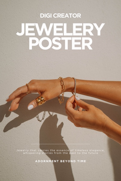 A close-up photograph featuring a model's hand adorned with stacked gold rings and bracelets, emphasizing a timeless and elegant brand narrative.
