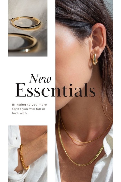 A high-end product showcase featuring minimalist gold jewelry on a model, emphasizing a clean editorial aesthetic for new seasonal arrivals.