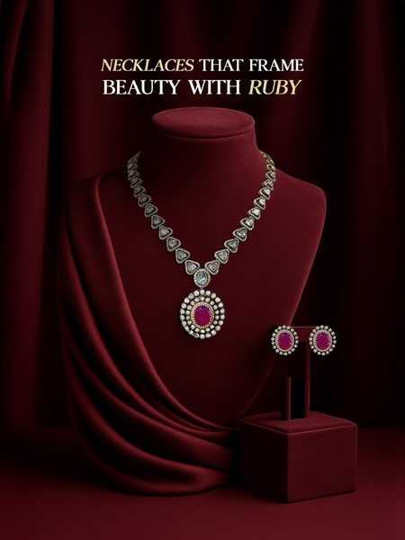 A luxury jewelry set featuring a prominent ruby necklace and matching earrings showcased on a deep red velvet bust.