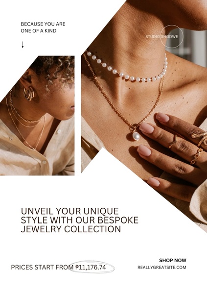 This creative showcases layered necklaces and rings using a high-contrast split-screen layout, emphasizing a personal and luxurious brand identity.