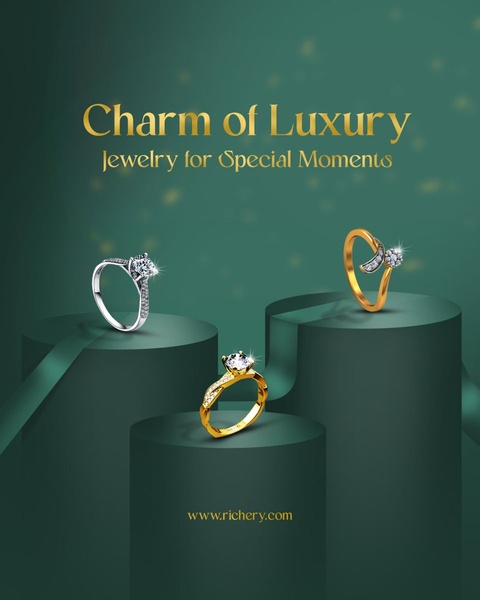This creative showcases three premium rings on elevated pedestals against a clean, deep green background, emphasizing a high-end, aspirational aesthetic.