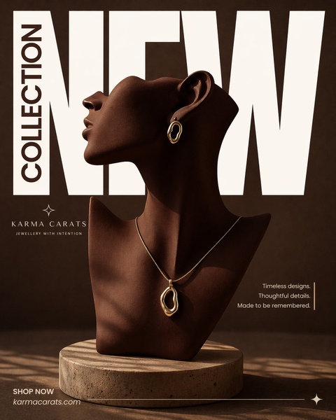 This jewelry ad uses a clean, high-contrast studio shot of a necklace and earring set to communicate elegance and exclusivity.