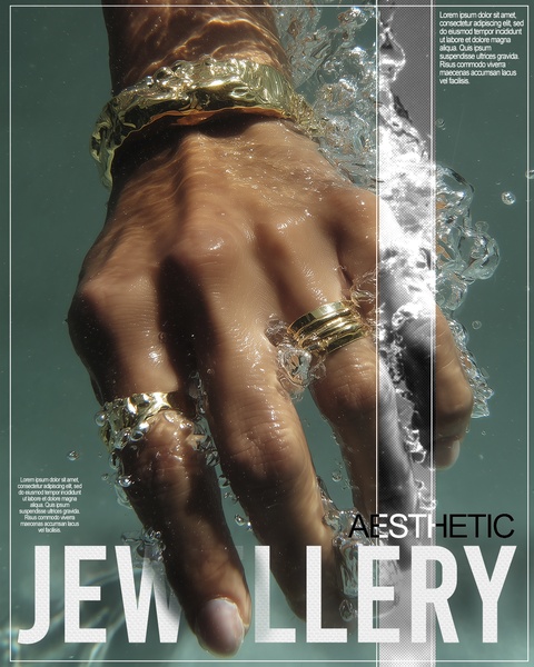 A high-end portrait of a hand wearing textured gold rings emerging from water, blending luxury with a refreshing, natural element.