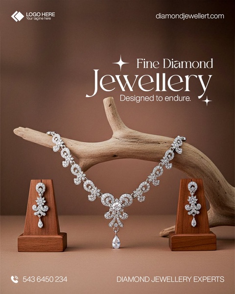 A high-end product display featuring a diamond necklace and earrings resting on a natural wood branch against a clean, professional studio background.