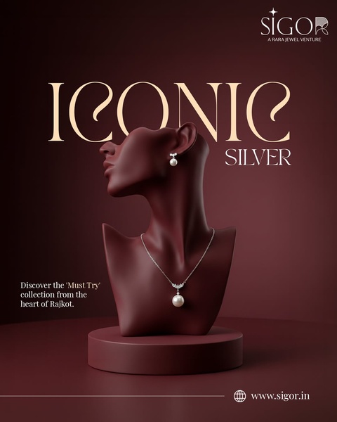 A high-end jewelry advertisement featuring a pearl necklace on a mannequin against a deep maroon backdrop, emphasizing brand luxury.