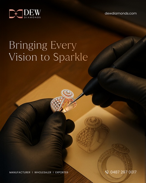 A close-up shot of a gloved jeweler working on a detailed ring design, highlighting precision and professional manufacturing.