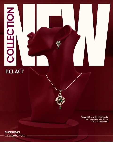 A high-end, minimalist creative featuring a dark red mannequin to showcase a new jewelry collection set.