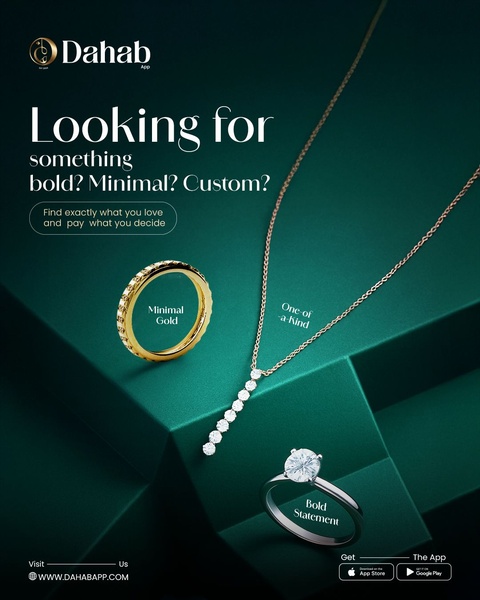 A high-end jewelry display featuring a ring and necklace on a sharp, geometric teal background with clear value propositions.