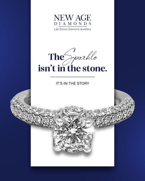 A clean, minimalist 4:5 static ad featuring a close-up of a diamond ring centered on a white card against a navy blue background.