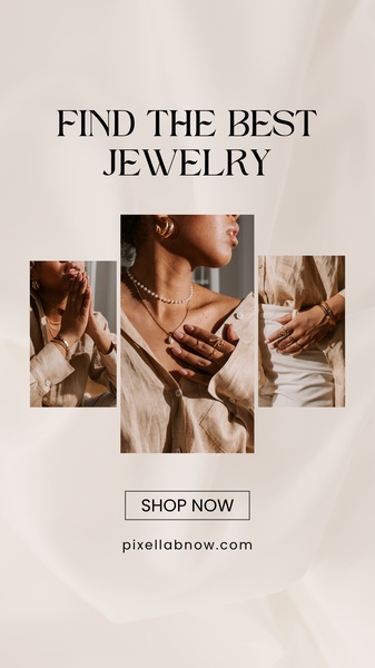 A high-end portrait creative featuring layered jewelry on a model with a clean, neutral background.