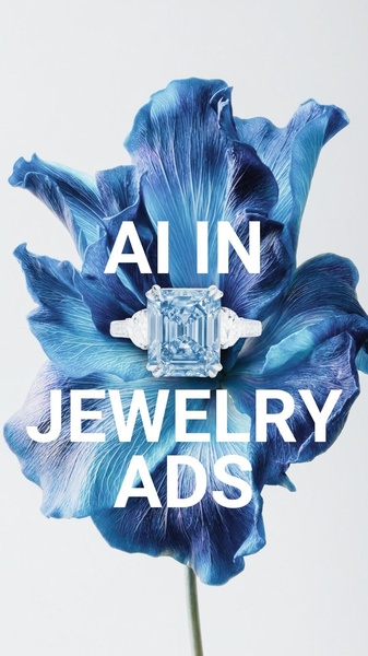 This creative displays a single emerald-cut diamond ring perfectly centered on a vibrant blue flower, using a clean, high-contrast visual composition.