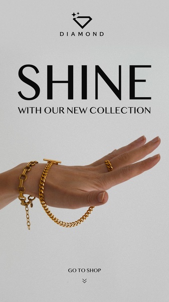 A high-end editorial ad featuring a gold bracelet and ring set on a neutral, minimalist background.