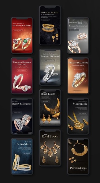 A collection of 9:16 mobile ad variations featuring diamond rings, necklaces, and jewelry sets displayed against luxurious, moody, dark backgrounds.
