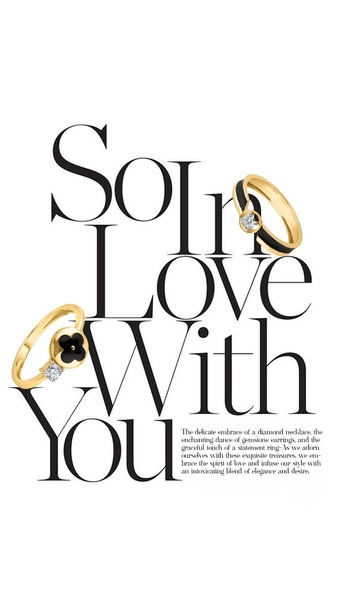 A high-end aesthetic ad featuring two rings integrated into bold, serif typography. The design focuses on elegance and emotional storytelling.