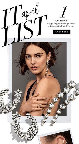 An editorial-style magazine layout featuring a model wearing high-shine jewelry with close-up product callouts.