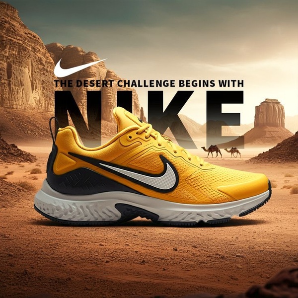 A high-impact, square-ratio creative showcasing a vibrant yellow running shoe set against a harsh, epic desert landscape to emphasize durability.