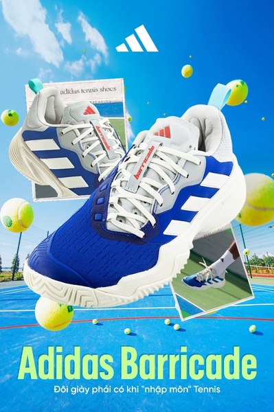 A high-energy vertical creative showcasing a tennis shoe against a bright court background with tennis ball elements to signify active sport.
