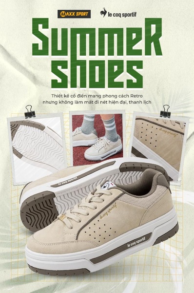 This ad creative utilizes a clean, editorial layout featuring a pair of summer sneakers with detailed cutouts of the shoe's material, texture, and profile.