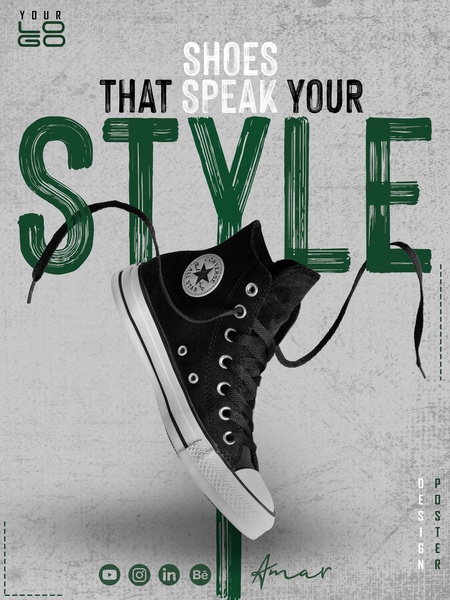 A striking vertical ad featuring a single high-top sneaker suspended in a neutral, textured environment with large, bold text overlays.