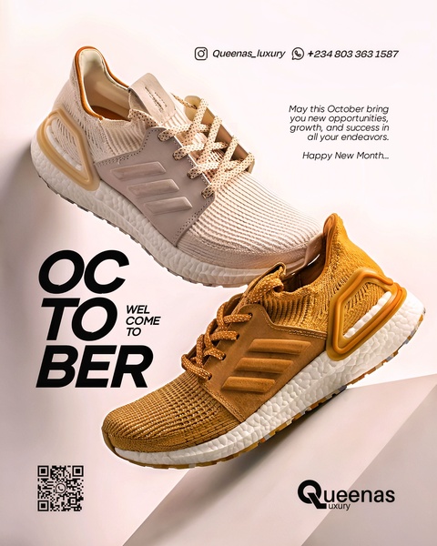 A split-view studio shot of two running shoes angled against a neutral background, incorporating a celebratory seasonal message and clear brand contact information.