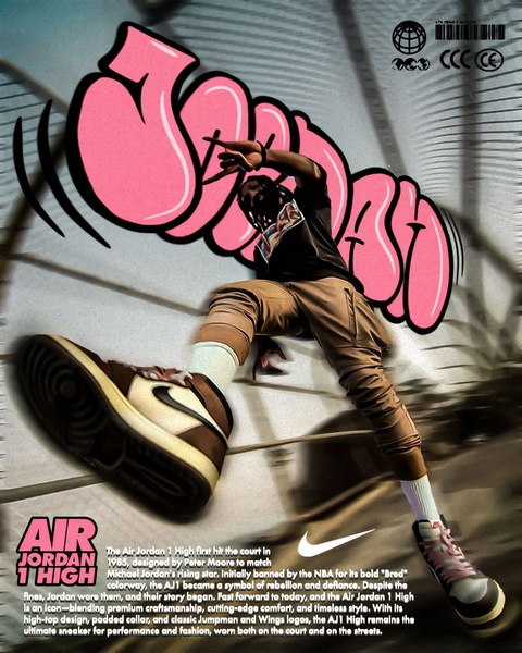 A dynamic, bottom-up perspective shot of a sneaker wearer set against a stylized pink graffiti background, emphasizing movement and street culture.