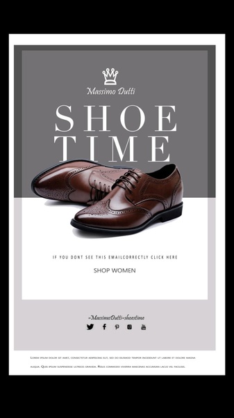 This ad features a high-quality product shot of brown leather dress shoes against a clean, dual-tone background with bold, high-contrast typography.