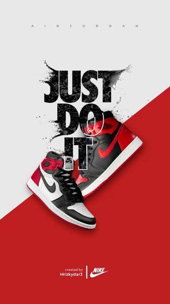 A vertical ad creative featuring a pair of running shoes centered against a split white and red background, utilizing the iconic Just Do It slogan to establish brand dominance.