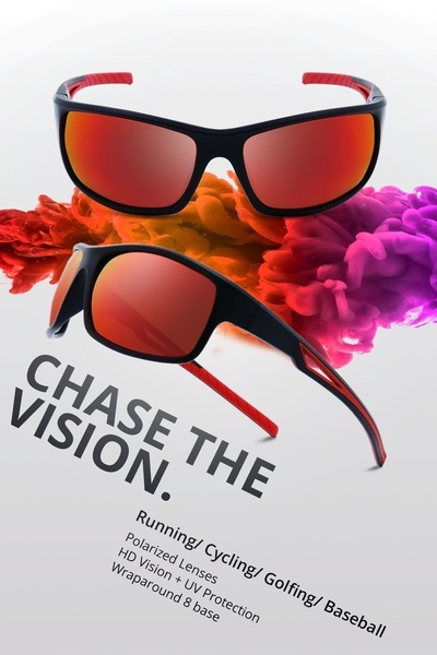A high-performance product ad featuring sports sunglasses against a backdrop of dynamic red and purple ink clouds, highlighting features like polarized lenses and UV protection.