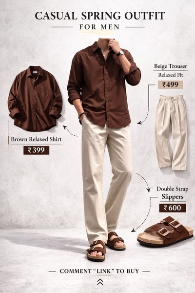 outfit set, casual outfit, shirt and trouser set, spring outfit, matching outfit, casual clothing set, bundle offer, sale promotion, editorial, minimalist, calm, warm, brown, neutral, spring campaign