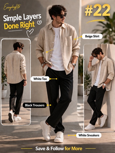 casual outfit set, layered outfit, shirt and trousers set, everyday outfit, casual clothing set, smart casual outfit, brand awareness, bestseller push, lifestyle, ugc style, warm, fresh, neutral, black, yellow