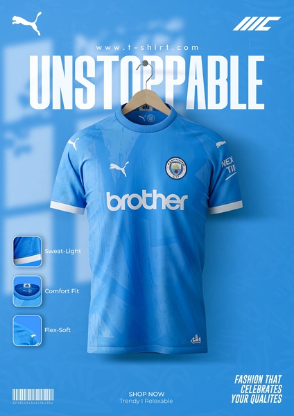A high-fidelity product mockup of a blue soccer jersey on a hanger, featuring clean layout and specific callouts for technical fabric benefits.