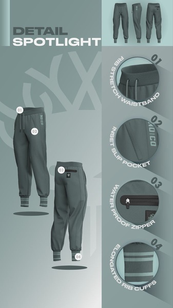 A vertical 9:16 breakdown of four key technical features in a pair of joggers, using zoomed-in callouts to highlight quality and utility.