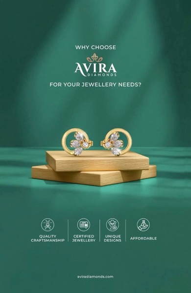 A refined product-centric ad featuring gold diamond earrings displayed on wooden platforms against a deep green backdrop.